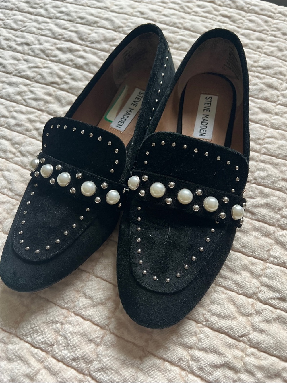 Steve Madden Black Suede Pearl-Studded Loafers